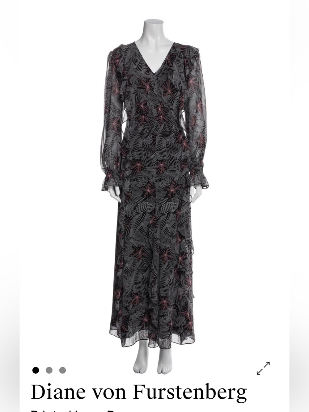 Diane Von Furstenberg Black Maxi Dress with Pink Floral Motif